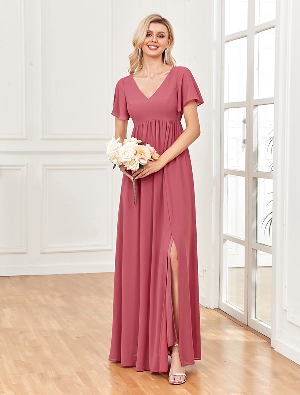 Full view of the flowing A-line chiffon dress, ideal for formal events.