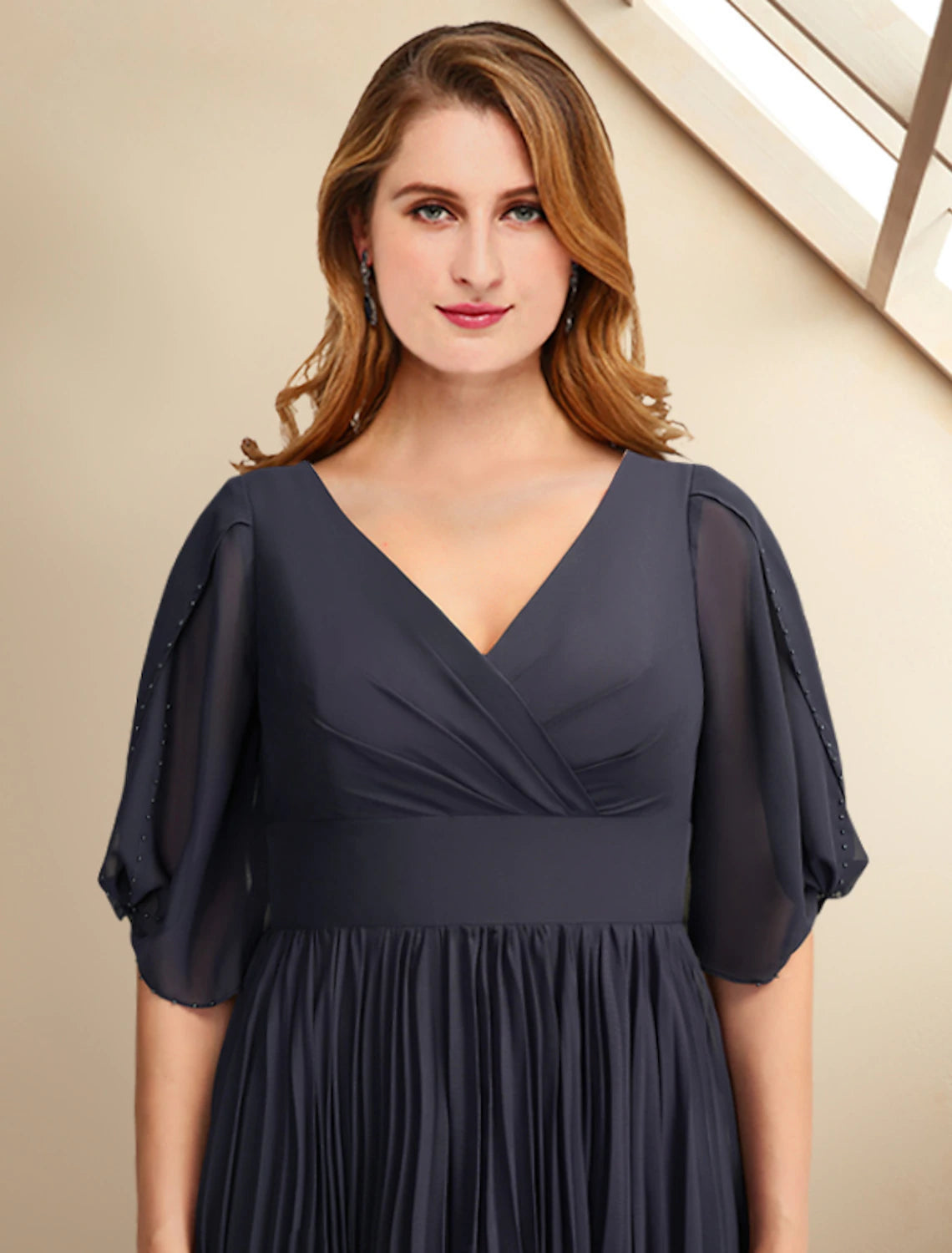 Side view of the formal V-neck dress, highlighting the A-line silhouette.
