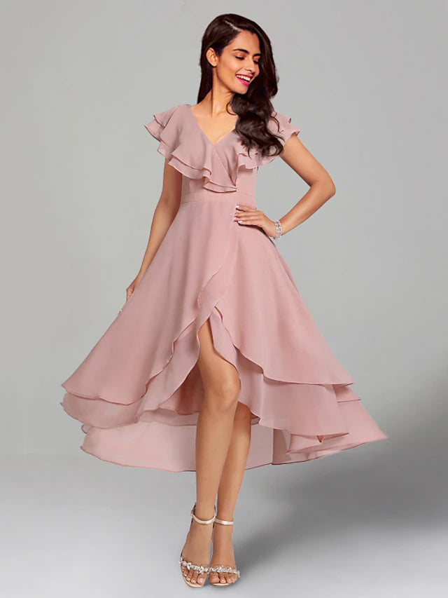 Elegant A-Line chiffon dress with V-neck and short sleeves.