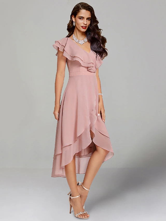 Chiffon cocktail party dress featuring an A-line silhouette.