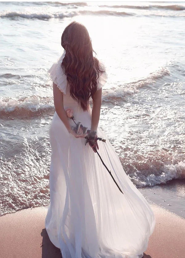 Back view of the A-Line V-Neck chiffon bridal gown.