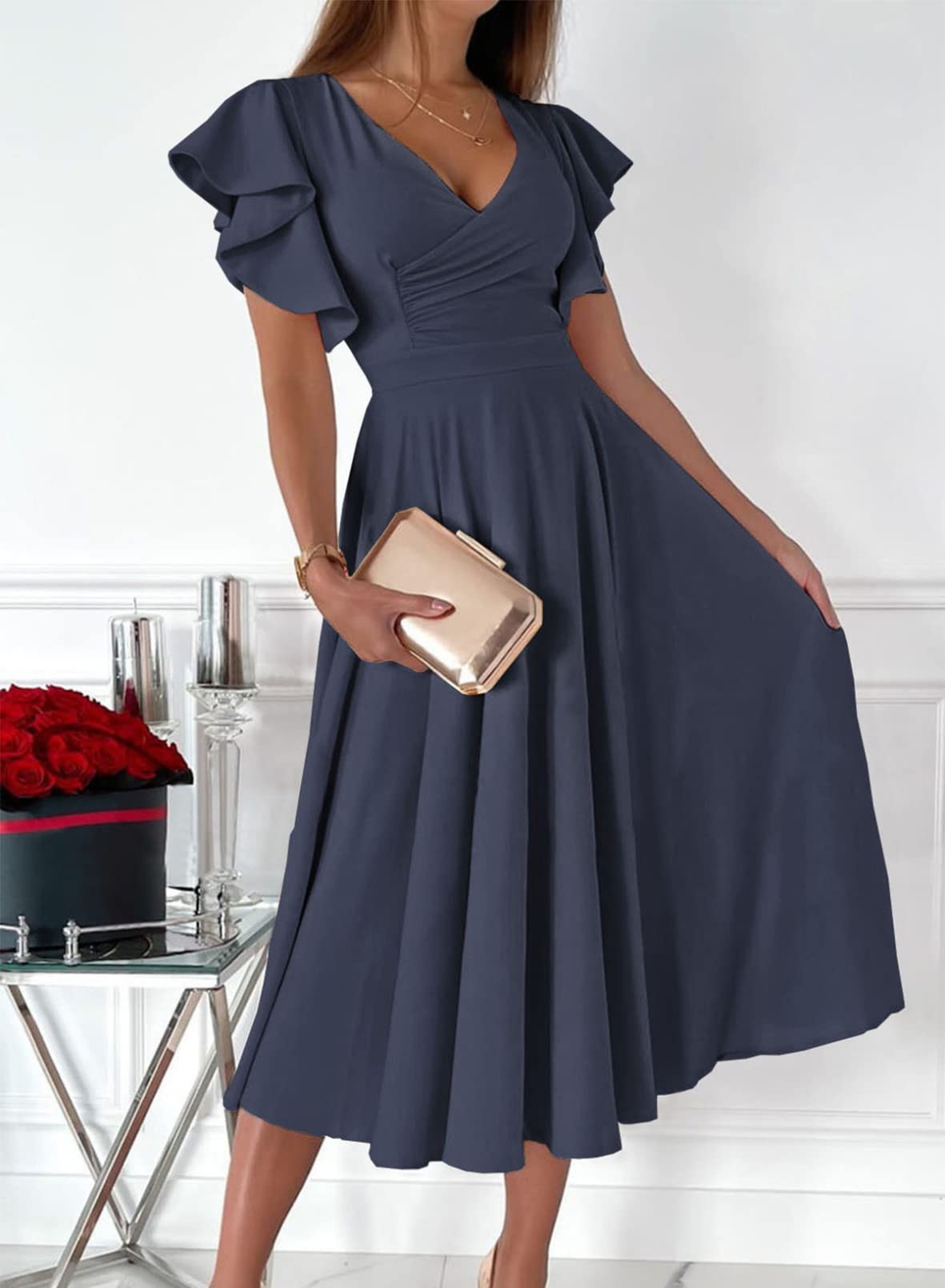 Elegant V-neck short sleeve A-line maxi dress.