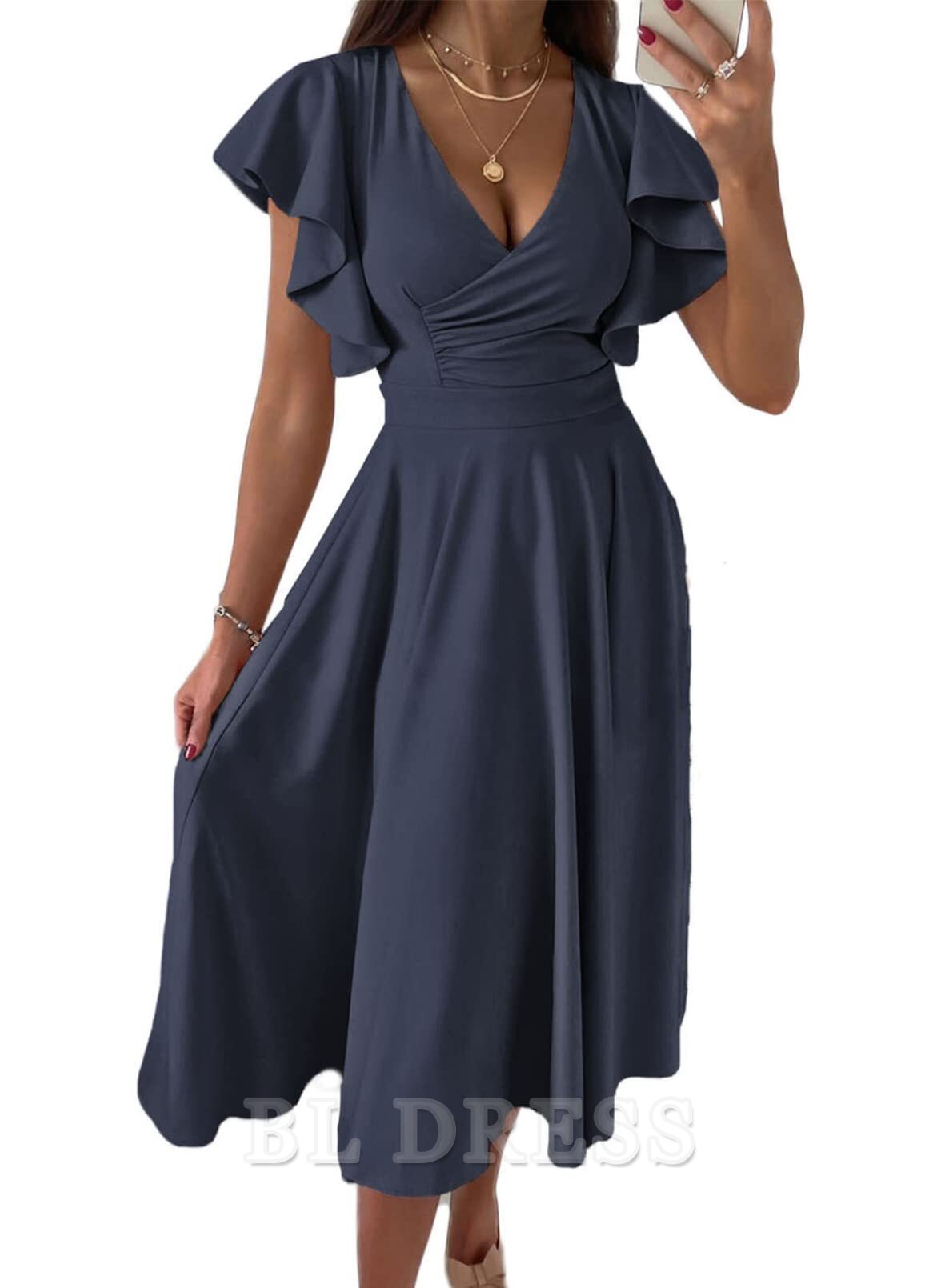 Back view of an elegant V-neck short sleeve A-line maxi dress.