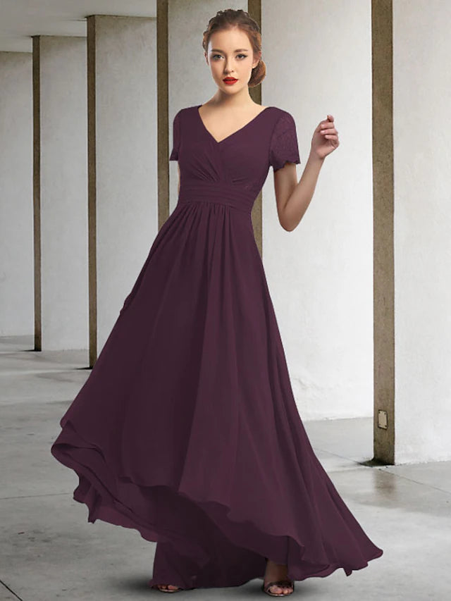 Elegant A-line V-neck chiffon mother of the bride dress with high-low hem and short sleeves.