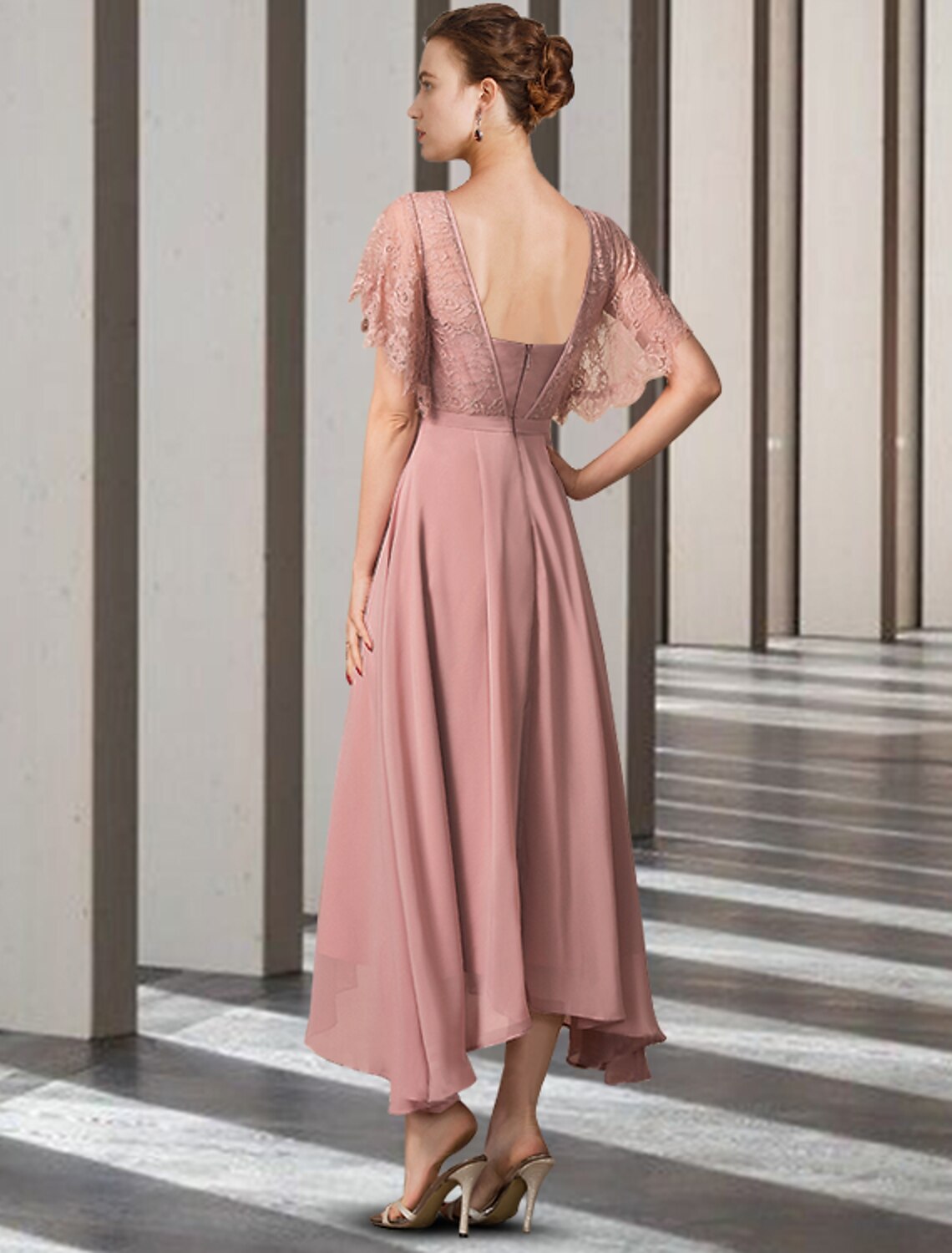 Back view of an A-Line chiffon Mother of the Bride dress with elegant detailing.