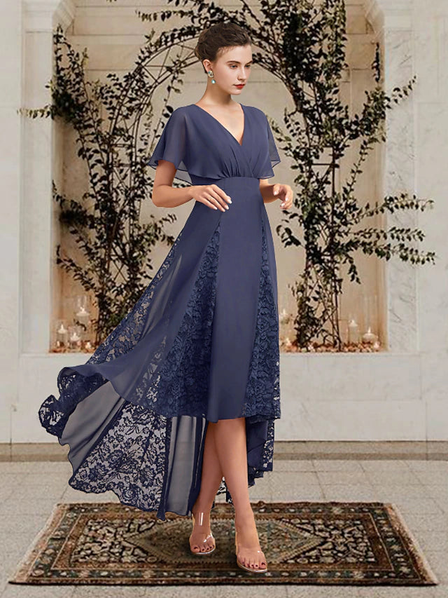 Elegant A-line V-neck high-low mother of the bride dress with short sleeves and lace details.