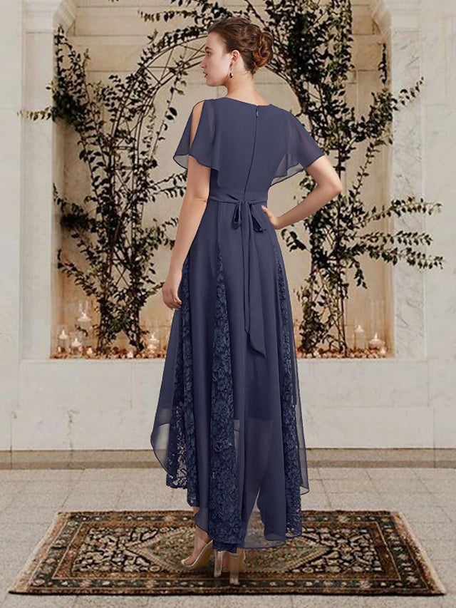 Side view of the plus size mother of the bride dress, highlighting the asymmetrical hem.