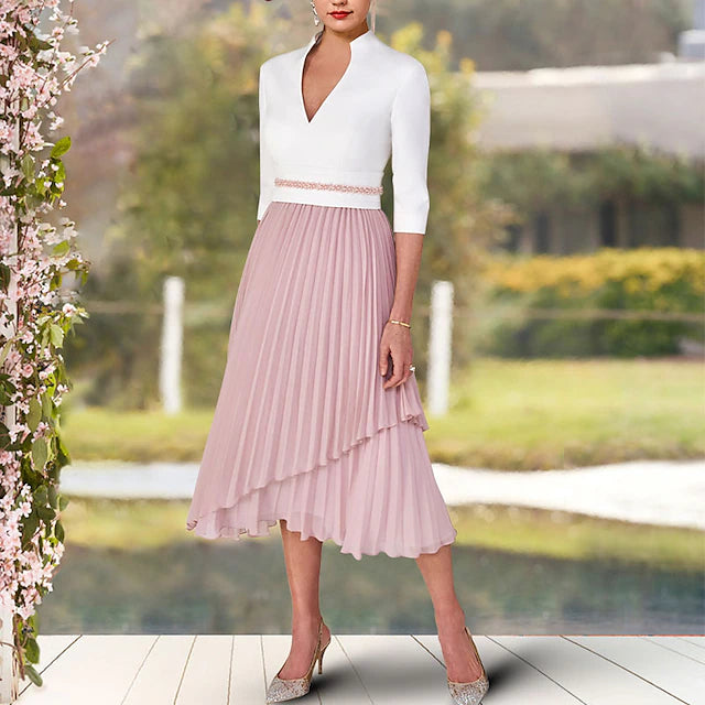 Side view of the elegant A-Line Mother of the Bride dress, highlighting the high-low asymmetrical tea-length hem.