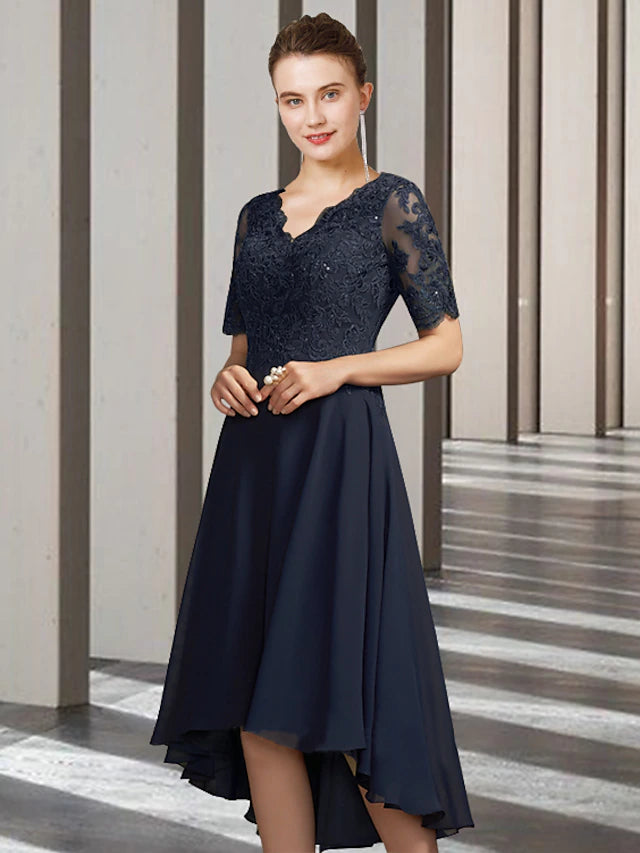 Elegant A-Line Mother of the Bride dress with V-neck, short sleeves, and high-low tea length hem.