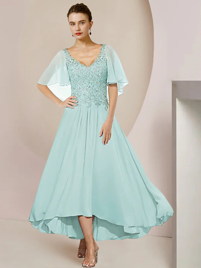 Elegant A-Line Mother of the Bride dress with V-neck and short sleeves.