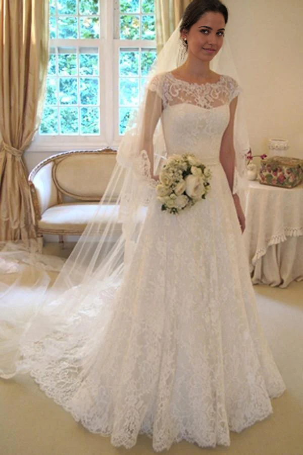 Elegant A-Line V-Neck lace wedding dress with short sleeves.