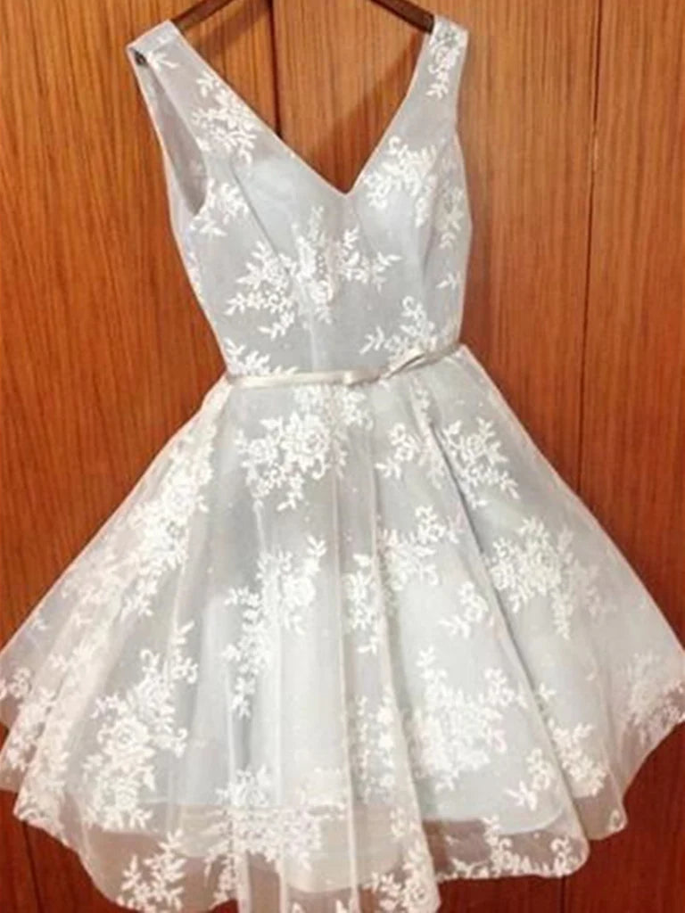 Elegant A-line V-neck lace short prom dress with delicate detailing.