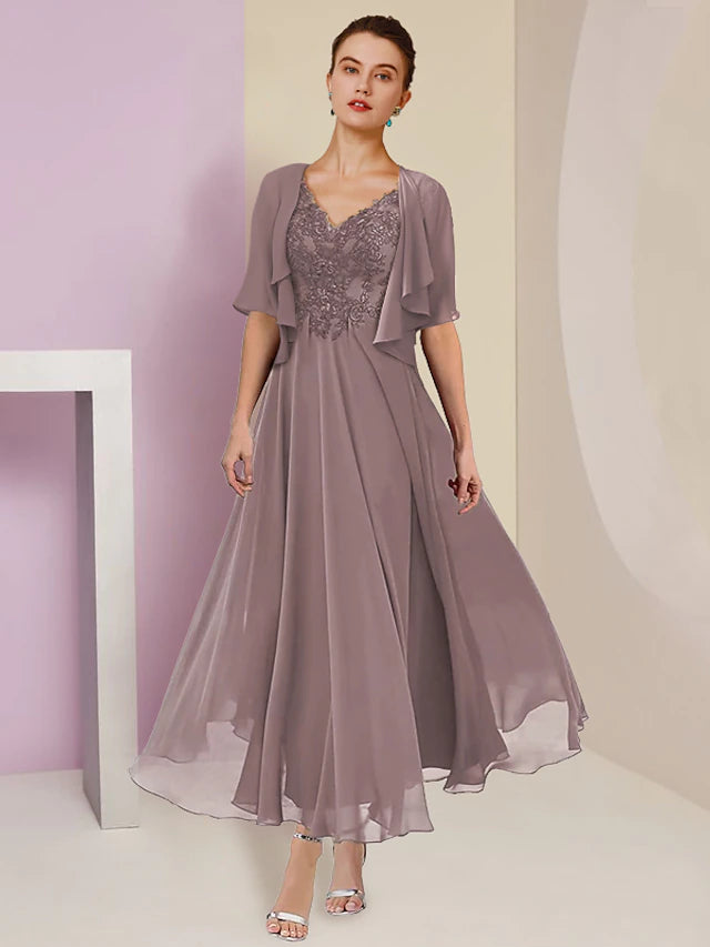Elegant two-piece A-line mother of the bride dress with V-neck and short lace sleeves.