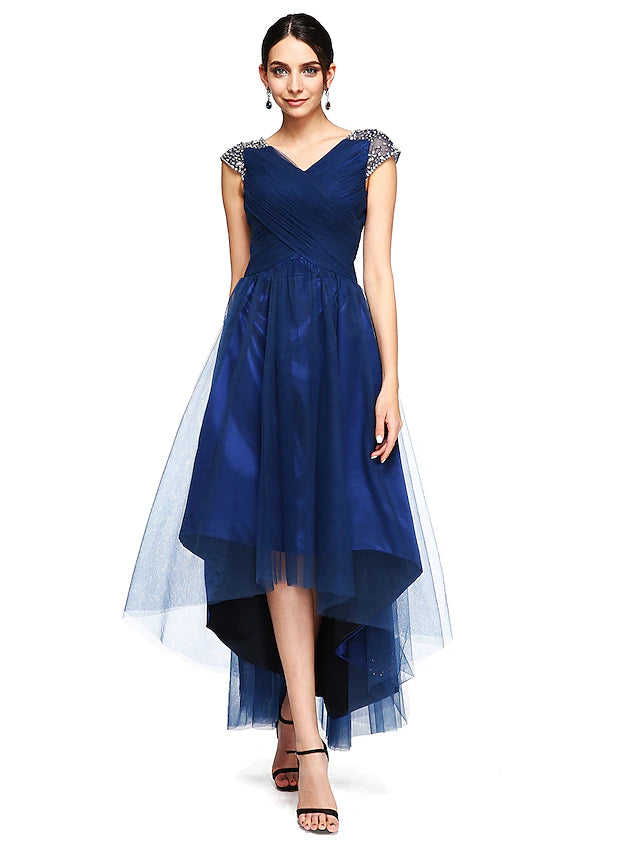 Elegant A-Line V-neck short sleeve tulle gown, front view.