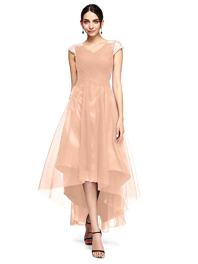 Elegant A-Line V-neck short sleeve tulle gown, side view.