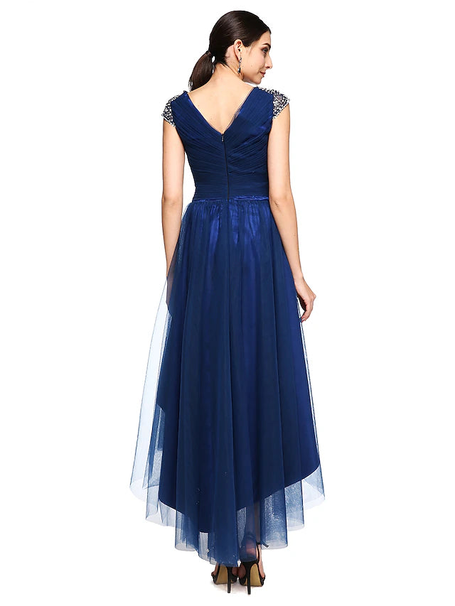 Elegant A-Line V-neck short sleeve tulle gown, full view.