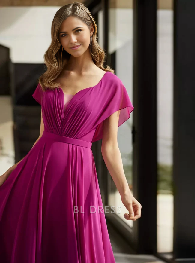 Side view of a woman in a pleated A-Line V-Neck short sleeve dress.