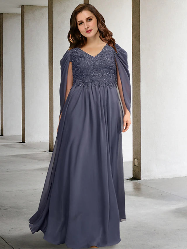 Elegant A-line V-neck chiffon Mother of the Bride dress with short sleeves.