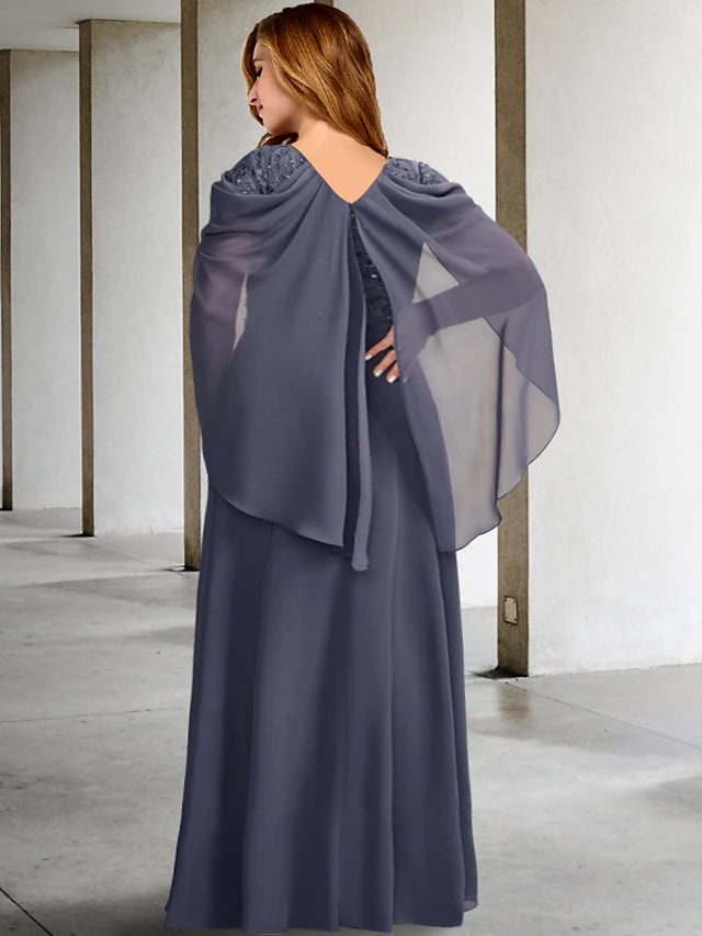 Side view of a floor-length V-neck Mother of the Bride dress.