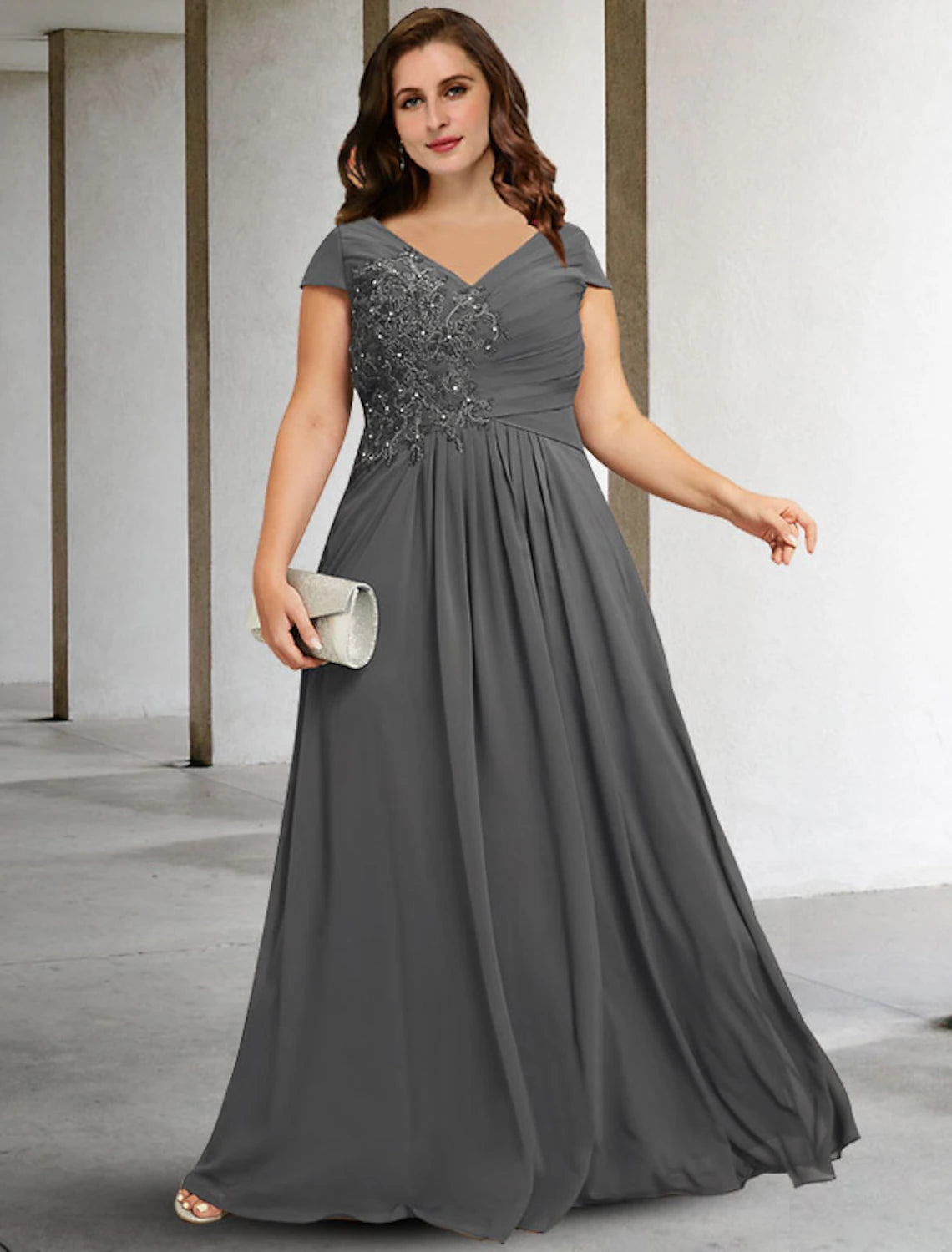Elegant A-line V-neck short sleeve plus size Mother of the Bride gown.