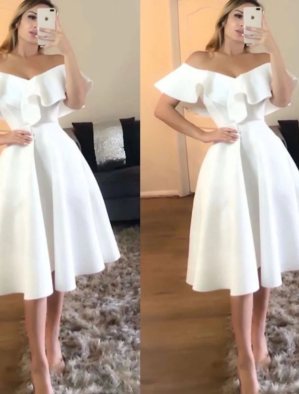 Elegant A-line white prom dress with V-neck, short sleeves, and matching shawl.