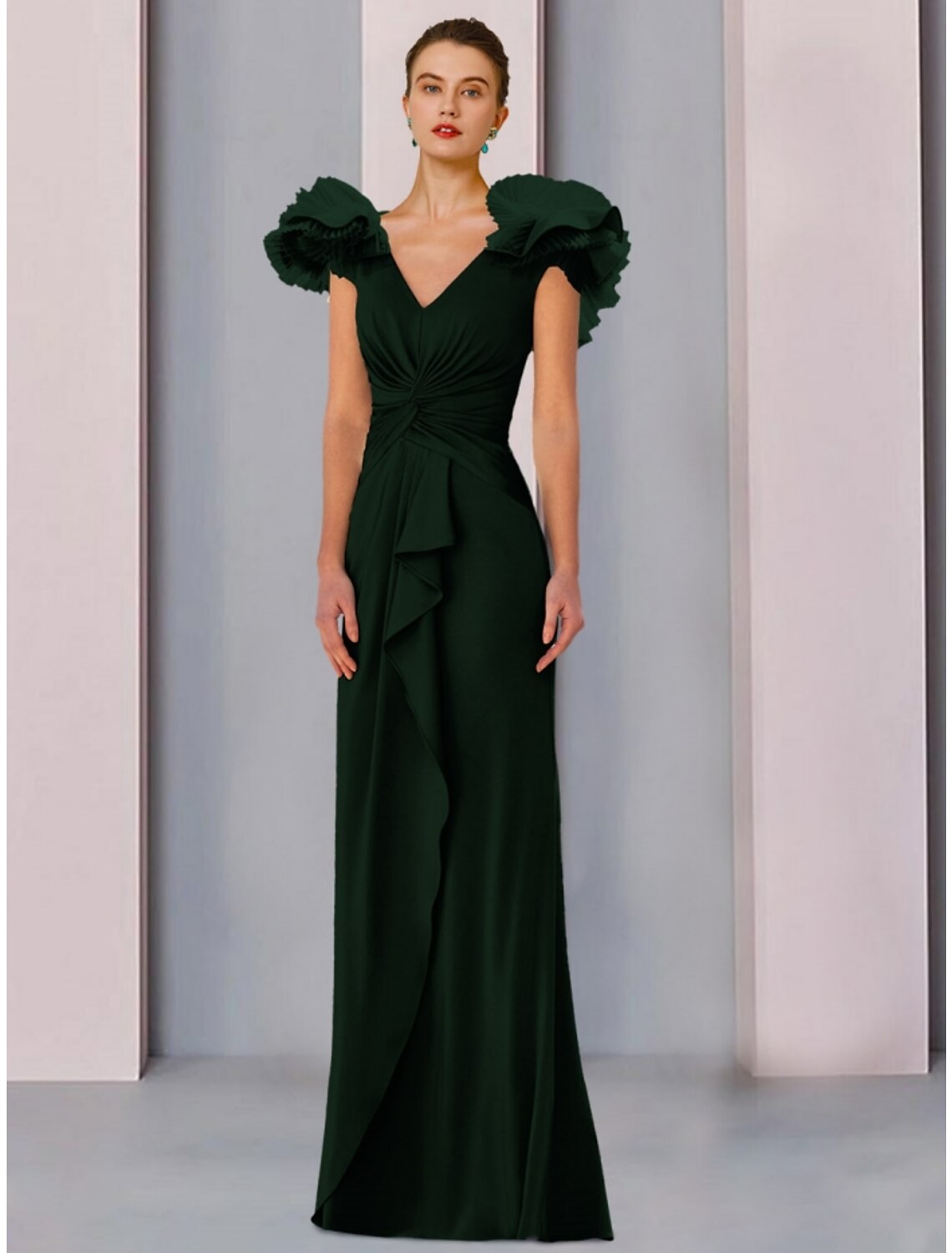 Elegant A-line V-neck floor-length dress with short sleeves and ruffles.