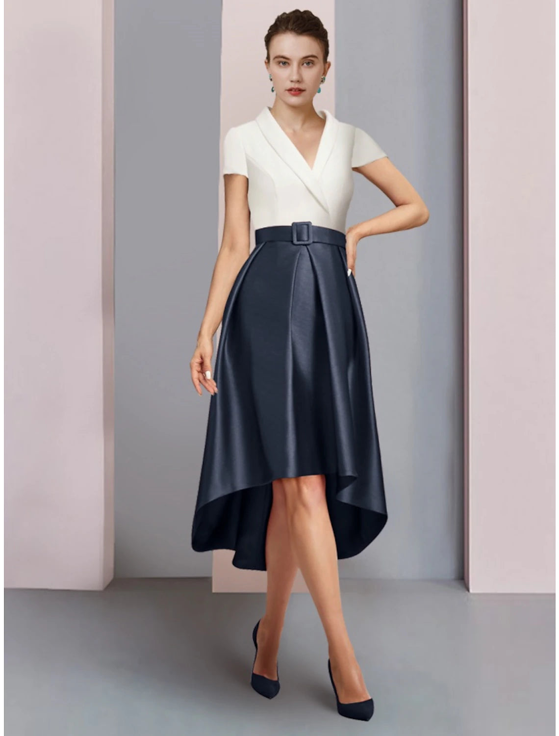 Elegant A-line V-neck satin dress with short sleeves and ruching, perfect for a mother of the bride.