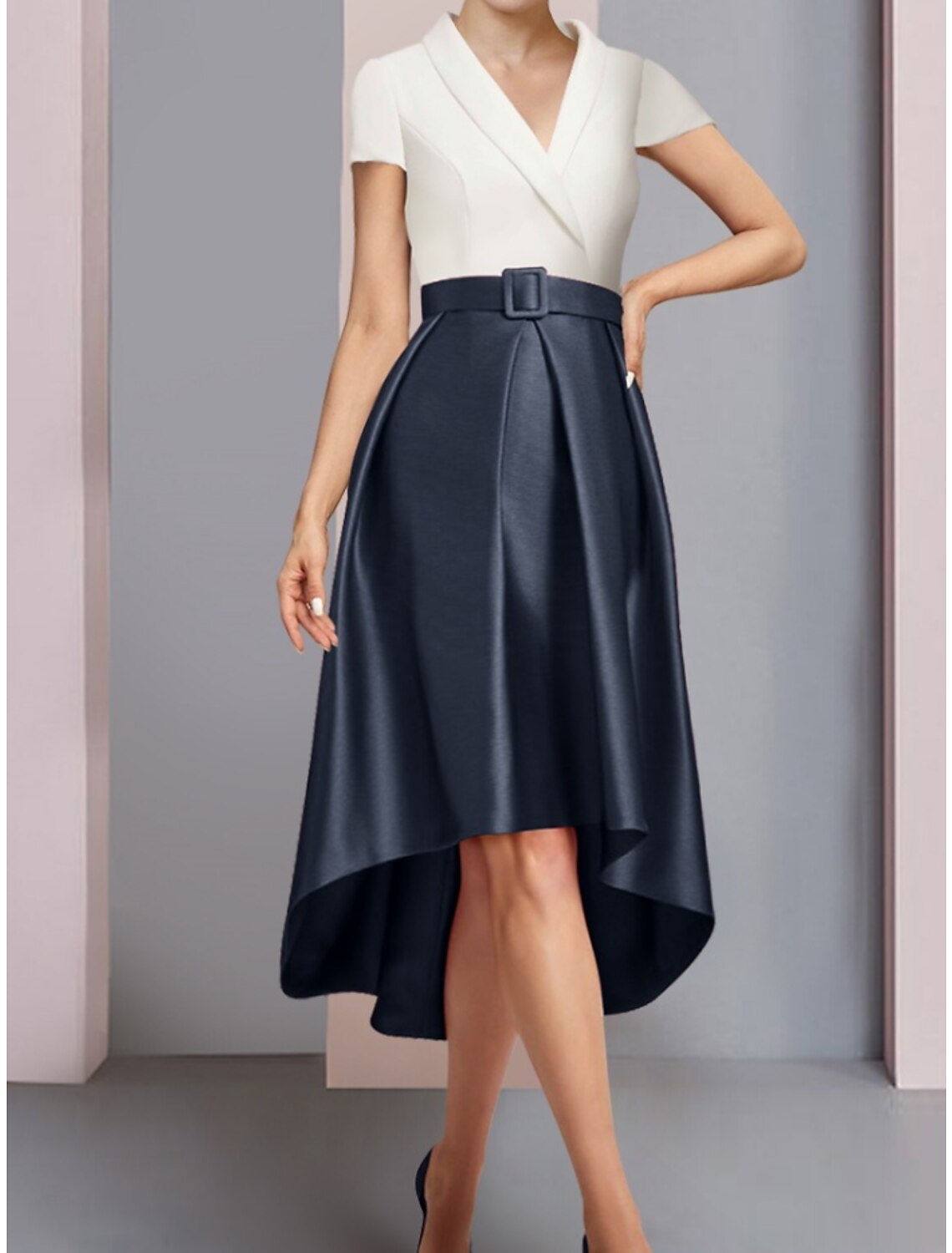 Side view of the asymmetrical ruched satin A-line dress, ideal for wedding guests.