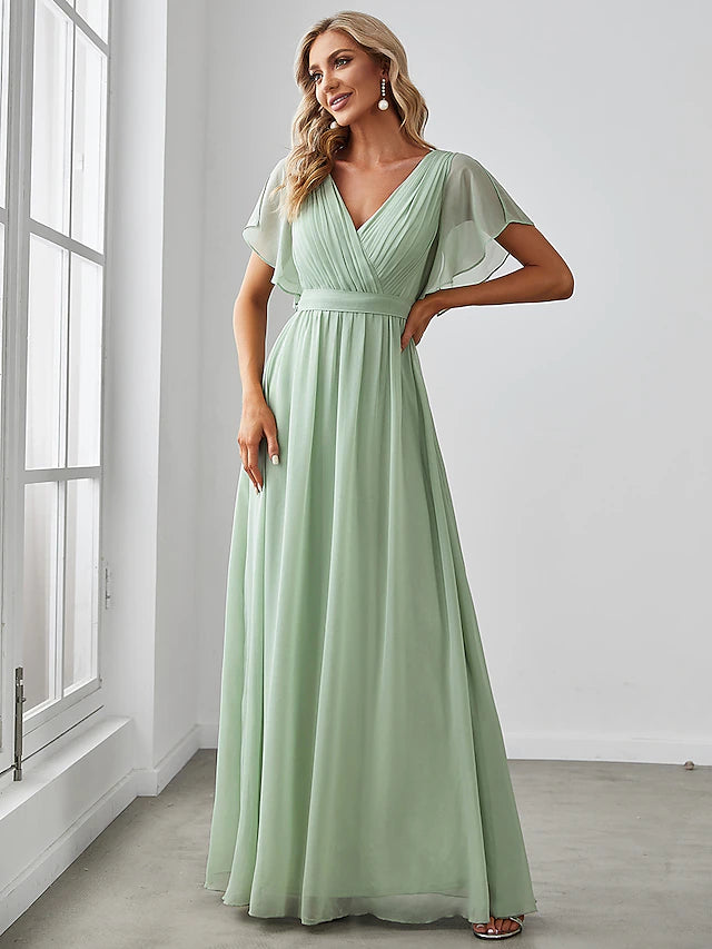 Elegant A-line bridesmaid dress in solid color with V-neck and short ruffled sleeves.
