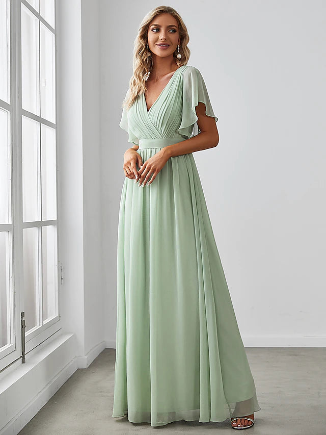 Back view of a flowy A-line chiffon bridesmaid dress.
