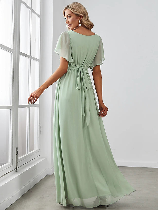 Close-up of the stretch chiffon fabric and ruffle detail on a bridesmaid dress.