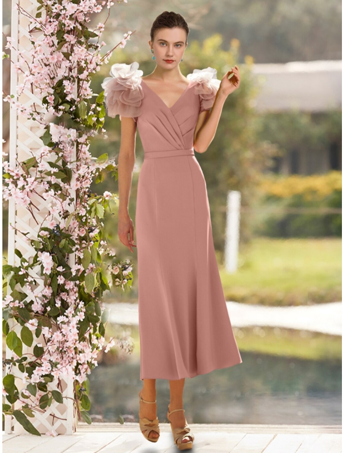 Elegant A-Line satin Mother of the Bride dress with V-neck and short sleeves.