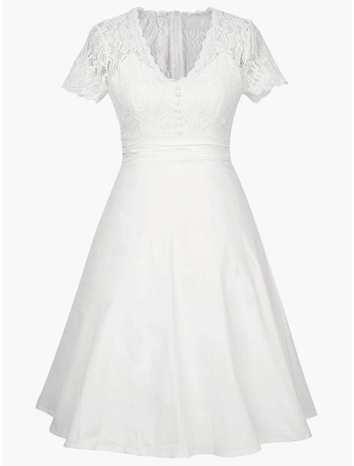 Elegant A-line satin V-neck dress with appliques and short sleeves.