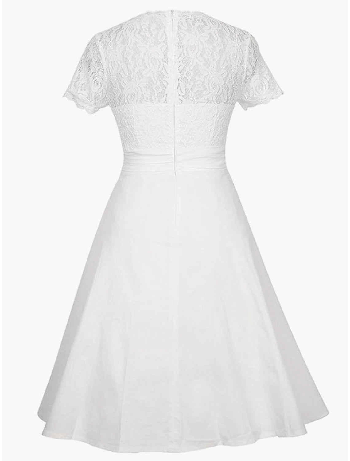 Knee-length A-line party dress in satin with V-neck and appliques.