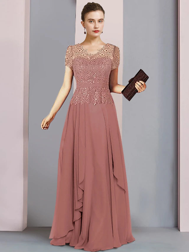 Elegant A-line Mother of the Bride dress with V-neck and short sleeves.