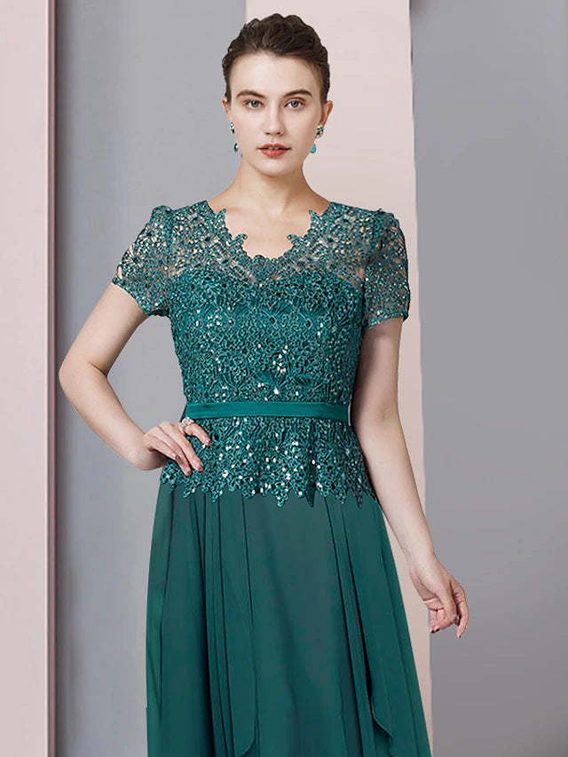 Back view of the floor-length A-line Mother of the Bride dress.