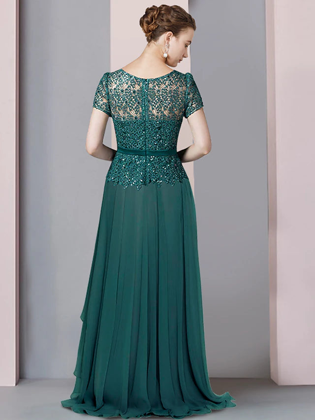 Side view of the flowing chiffon and A-line silhouette of the elegant dress.