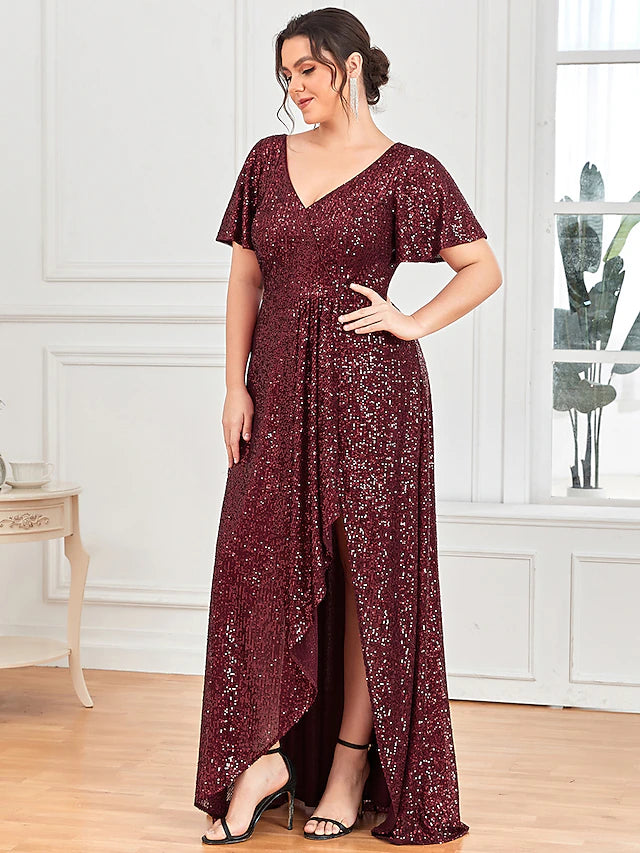 Back view of the floor-length sequined A-line dress, showcasing its elegant drape.
