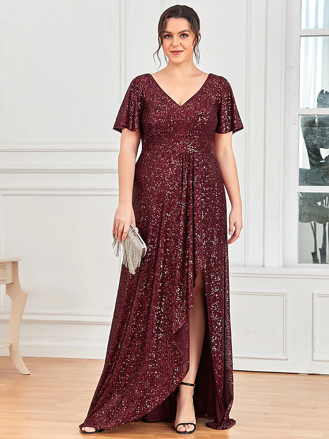 Close-up of the sequin detail on the V-neck short sleeve evening gown.