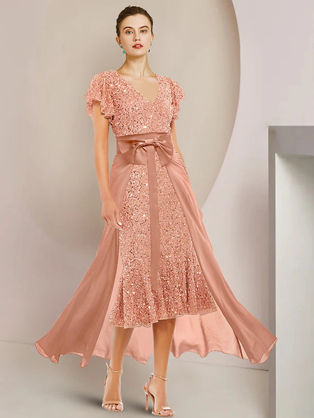 Elegant A-line mother of the bride dress with V-neck and short sleeves, featuring lace and sequin details.