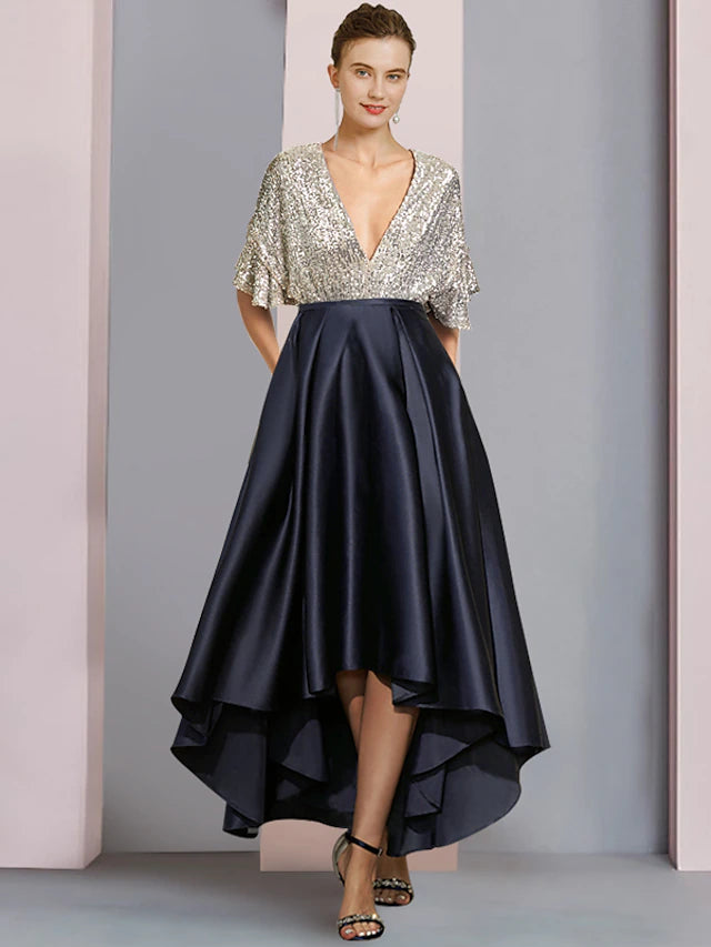 Elegant A-Line Mother of the Bride dress with V-neck and short sleeves.