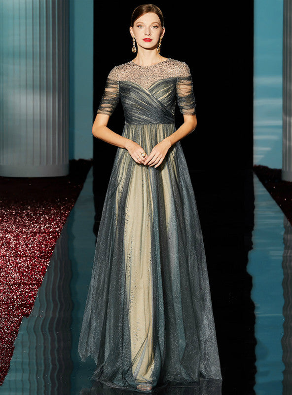 Elegant A-line Mother of the Bride dress with sequins, tulle, V-neck, and short sleeves.