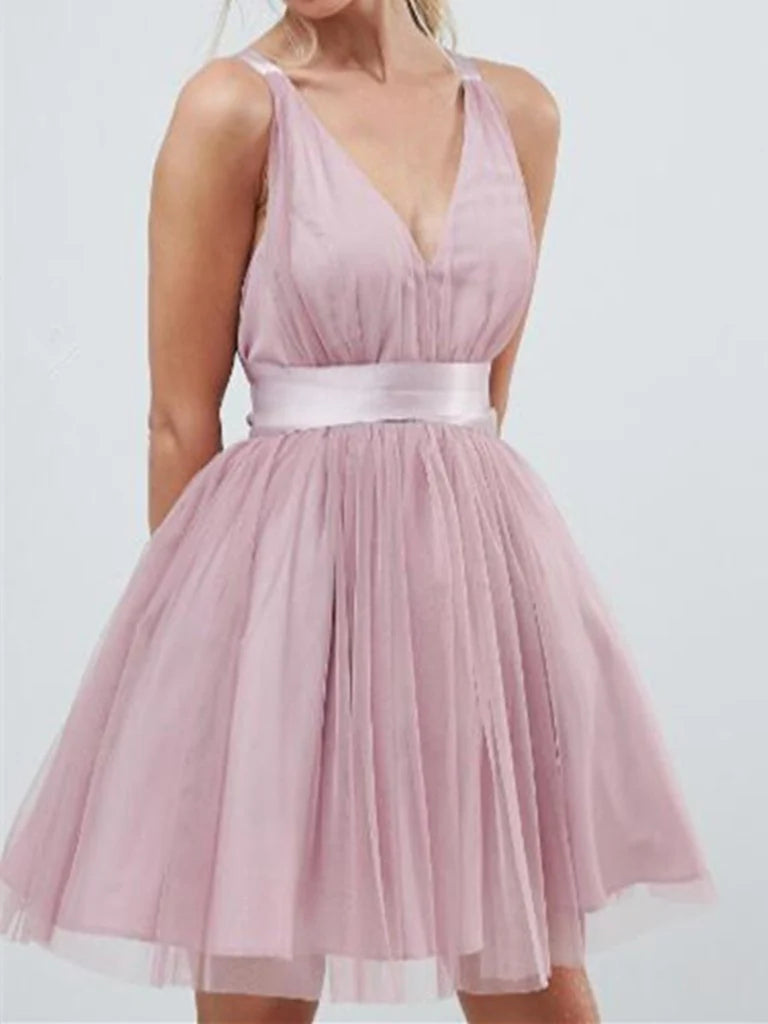 Elegant A-line V-neck short tulle dress, front view.