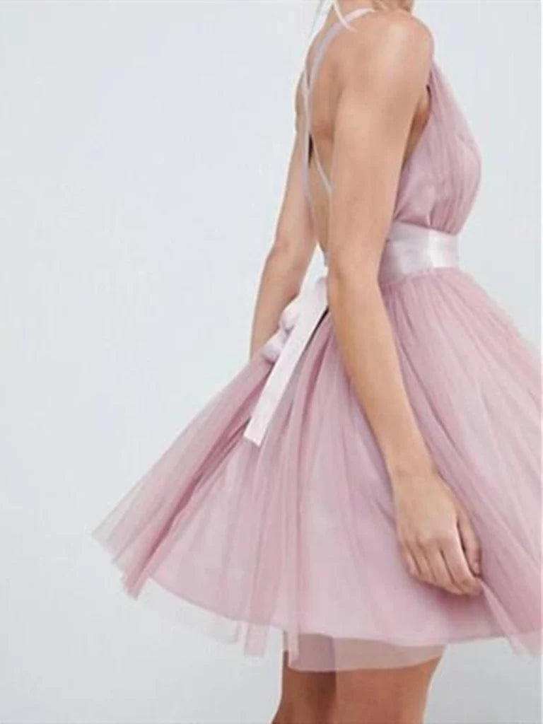 Back view of the formal A-line V-neck short tulle dress.