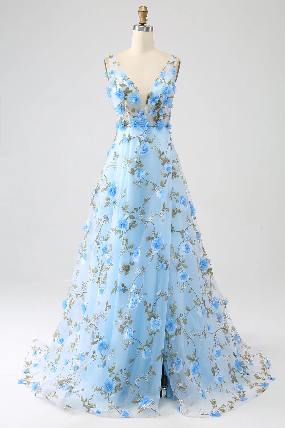Elegant A-line V-neck long prom dress in sky blue with 3D floral embellishments.