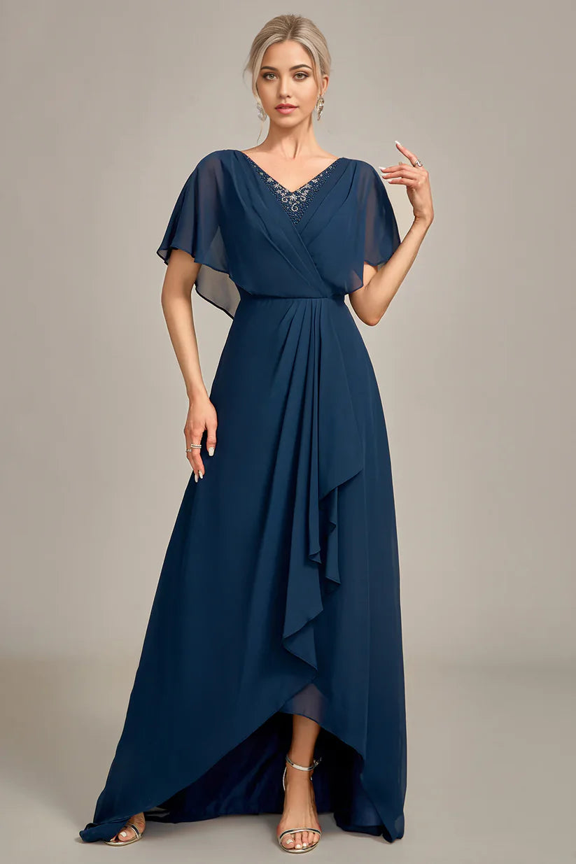 Elegant A-line V-neck mother of the bride gown with sequins and beading.