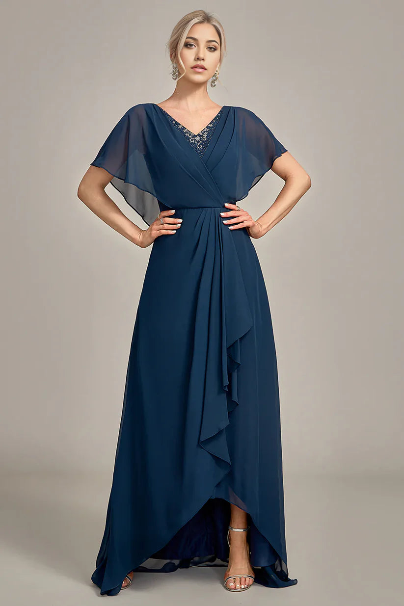Side view of the asymmetrical sequin mother of the bride dress.