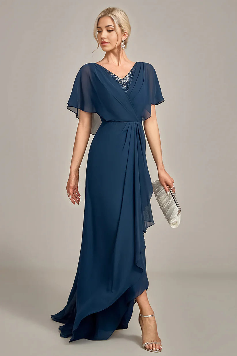 Full length view of the V-neck A-line formal dress.
