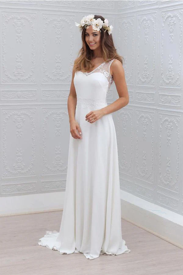 Elegant white A-line wedding dress with V-neck, lace, and bowknot.