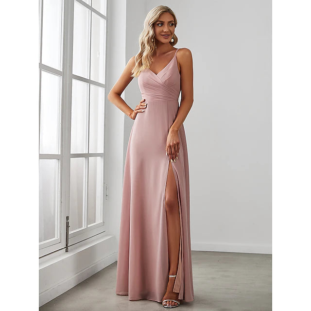 Back view of A-Line chiffon dress with elegant drape.